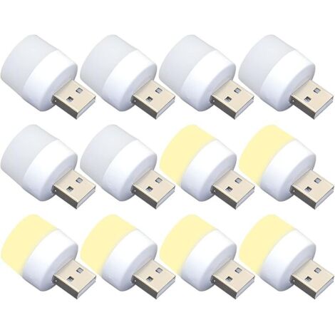 Lot de 12 mini ampoules LED USB de nuit, sans capteur de lumière, à brancher, blanc chaud, compact, idéal pour chambre, salle de bain, cuisine, voiture (6 blancs, 6 chauds)