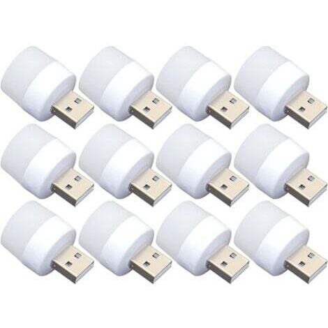 Lot de 12 mini ampoules LED USB de nuit, sans capteur de lumière, à brancher, blanc, compact, idéal pour chambre, salle de bain, cuisine, voiture