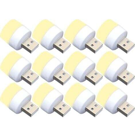 Lot de 12 mini ampoules LED USB de nuit, sans capteur de lumière, blanc chaud, compactes, idéales pour chambre à coucher, salle de bain, cuisine, voiture