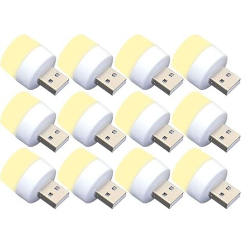 Lot de 12 mini ampoules LED USB de nuit, sans capteur de lumière, blanc chaud, compactes, idéales pour chambre à coucher, salle de bain, cuisine, voiture