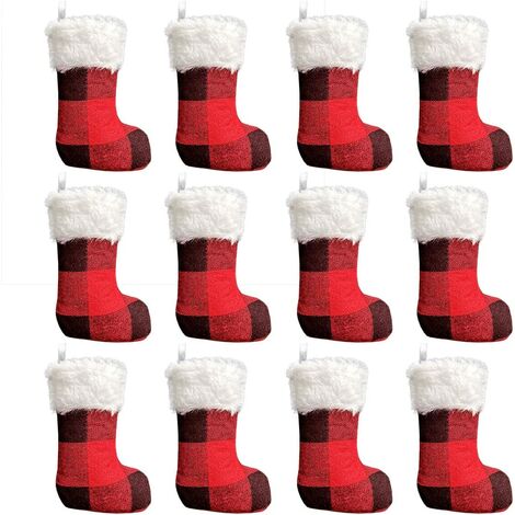 Lot de 12 mini bas de Noël, 16 cm Buffalo Plaid Farmhouse Bas de Noël avec manchette en fausse fourrure (rouge et noir