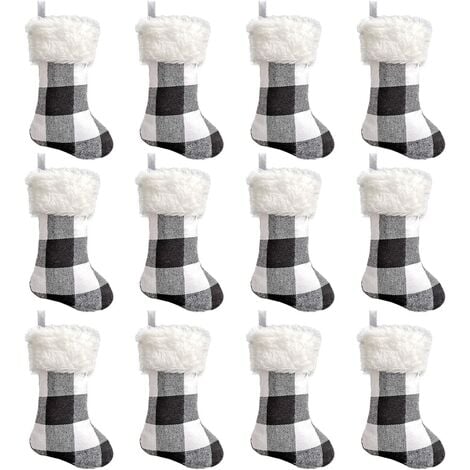 Lot de 12 mini bas de Noël, 16 cm Buffalo Plaid Farmhouse Bas de Noël avec manchette en fausse fourrure (rouge et noir