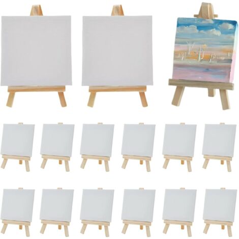 Lot de 12 Mini Chevalets Toiles, Kit pour Peinture, Dessin, Bricolage, Décoration de Table, Chevalet de Table, 10x10 CM Mini Toile avec Chevalet en Bois 8x15 CM, Support Trépied Pliable