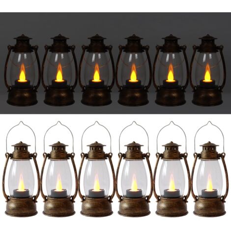 Lot de 12 mini-lanternes décoratives avec bougie LED vacillante, petite lanterne vintage à suspendre pour Halloween, décoration de fête, cuivre brossé