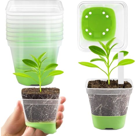 Lot de 12 mini pots de culture transparents de 8 cm avec base en silicone – Pots carrés réutilisables pour semis et plantes grasses – Verts