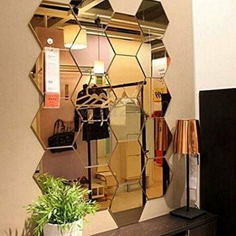 Lot de 12 miroirs acryliques autocollants muraux hexagonaux en plastique pour décoration d’intérieur, pour le salon, la chambre à coucher, au dessus du canapé ou de la télévision doré