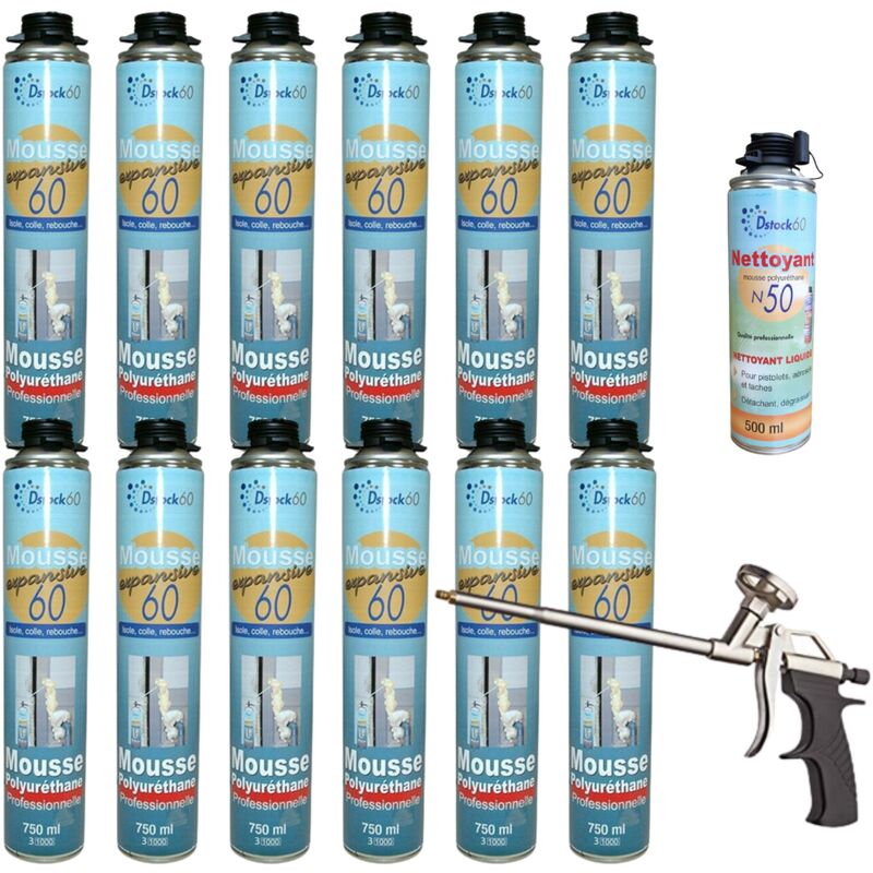 Dstock60 - Lot de 12 mousses expansive 750 ml - 1 pistolet - 1 nettoyant mousse - pour intérieur et extérieur - mousse pistolable