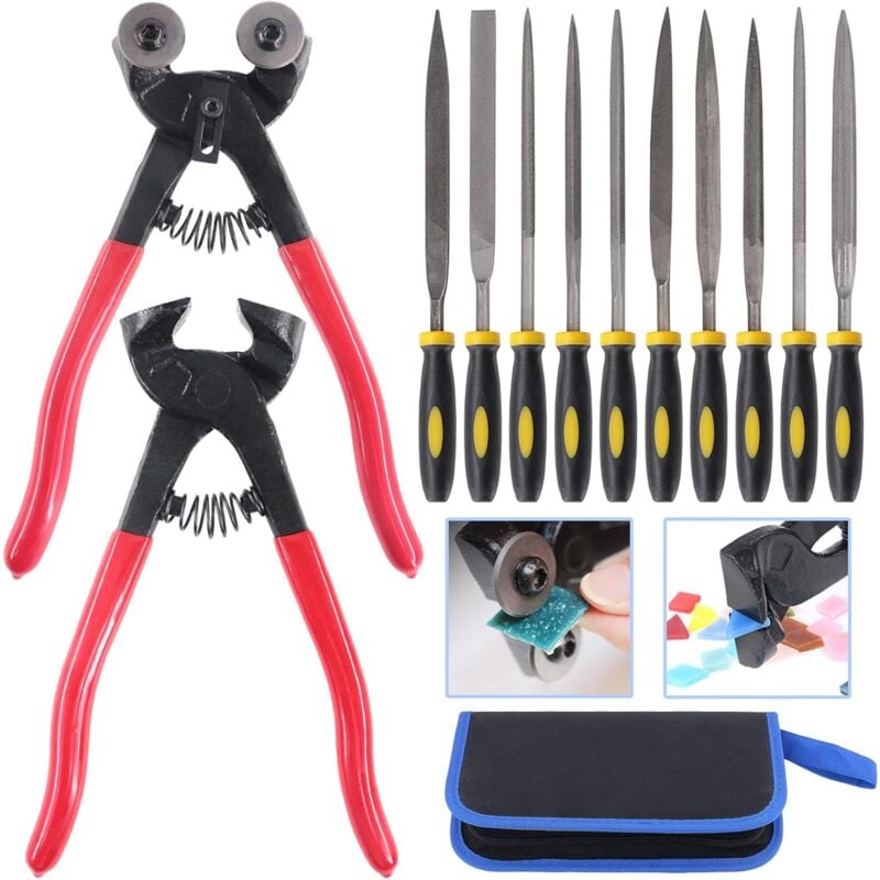 Bluedeer - Lot de 12 outils de mosaïque, pinces à mosaïque en verre à roulettes et pince coupante pour carrelage avec 10 limes aiguilletées haute