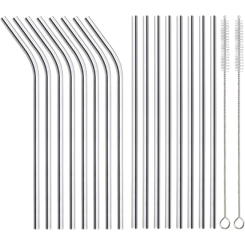 Lot de 12 pailles réutilisables en acier inoxydable, 6 pailles droites + 6 pailles pliées de 21,6 cm, respectueuses de l'environnement, adaptées pour