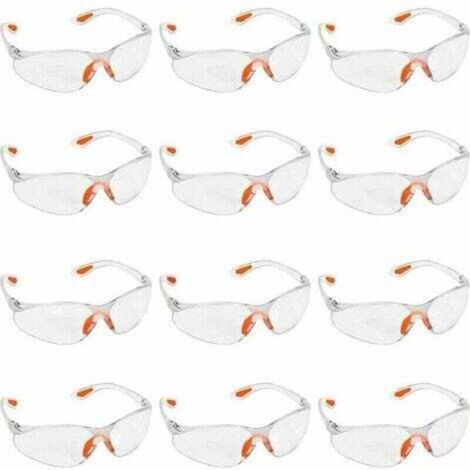 Lot de 12 paires de lunettes de sécurité transparentes - Lunettes de protection avec verres en plastique, plaquettes nasales en caoutchouc et protège-branches pour un confort optimal - Lunettes de pro
