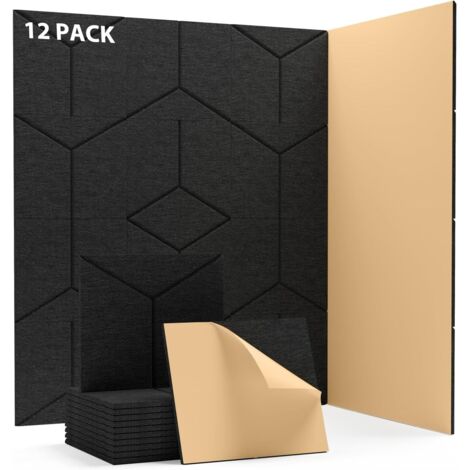 Lot de 12 panneaux acoustiques auto-adhésifs, panneaux muraux insonorisants, panneau absorbant le son en polyester haute densité, 30 x 30 x 0,9 cm