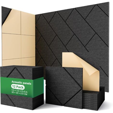 Lot de 12 panneaux acoustiques auto-adhésifs, rembourrage insonorisant en polyester, panneaux muraux insonorisants haute densité, 30 x 30 x 1 cm, noir