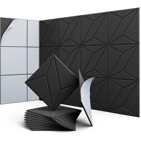 Lot de 12 panneaux acoustiques auto-adhésifs, rembourrage insonorisant en polyester, panneaux muraux insonorisants haute densité, 30 x 30 x 1 cm, noir
