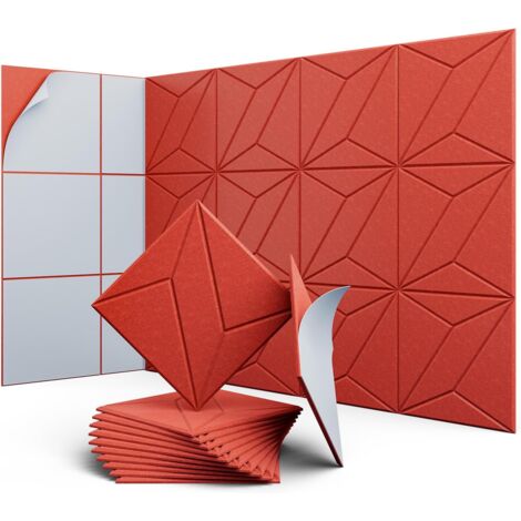 Lot de 12 panneaux acoustiques auto-adhésifs, rembourrage insonorisant en polyester, panneaux muraux insonorisants haute densité, 30 x 30 x 1cm, rouge