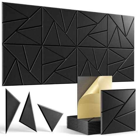 Lot de 12 panneaux acoustiques autocollants, panneaux muraux insonorisants haute densité, panneau insonorisant en polyester, 30 x 30 cm (noir)