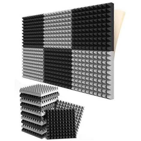 Lot de 12 panneaux acoustiques en mousse auto-adhésive, noir et gris.