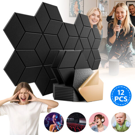 Lot de 12 panneaux acoustiques hexagonaux auto-adhésifs, mur insonorisant haute densité pour décoration murale et traitement acoustique Panneaux insonorisants Noir Hexagone à découpe en Y 30 × 26 × 0,