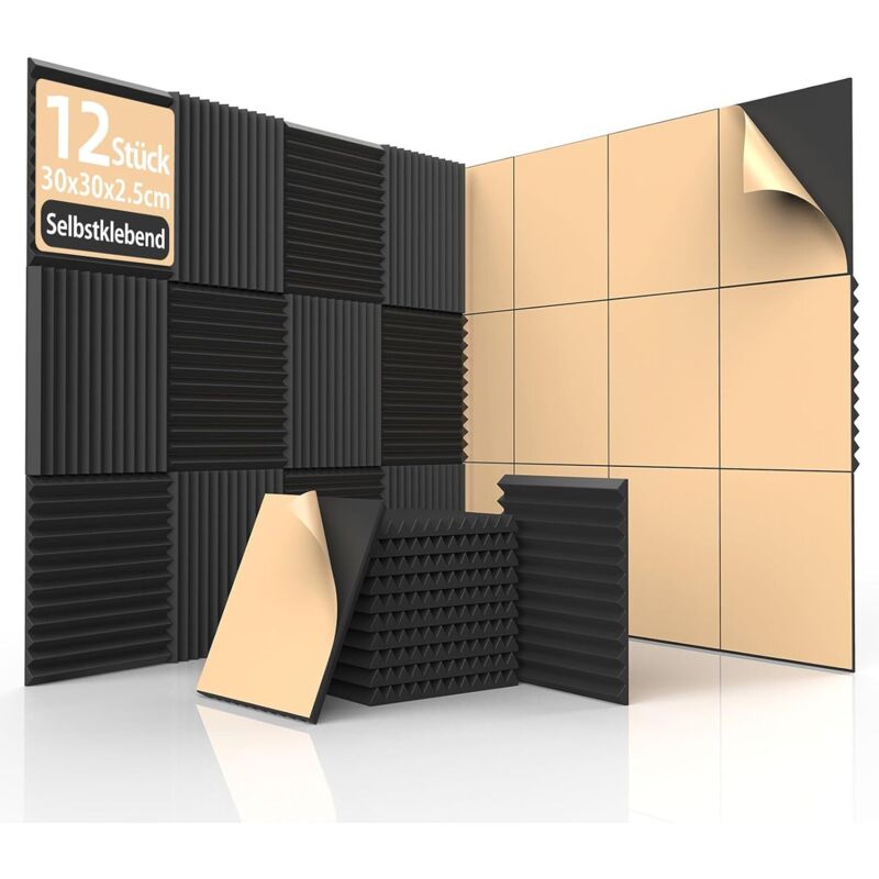 Lot de 12 panneaux de mousse acoustique, auto-adhésifs, pour l'isolation acoustique, 30 x 30 x 2,5 cm, Panneaux acoustiques auto-adhésifs, pour la