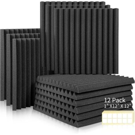 Lot de 12 Panneaux de Mousse Acoustique, Mousse Anti bruit Panneaux Acoustiques, ignifuges Autocollante, pour Podcasting, Studios d'enregistrement, Bureaux, adhésif double face, 30 x 30 x 2,5 cm