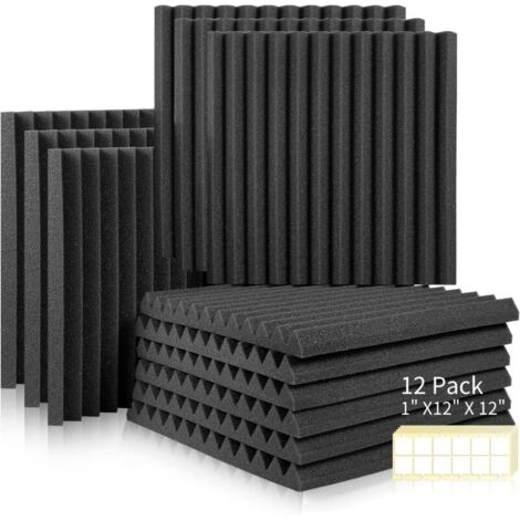 Lot de 12 Panneaux de Mousse Acoustique, Mousse Anti bruit Panneaux Acoustiques, ignifuges Autocollante, pour Podcasting, Studios d'enregistrement, Bureaux, adhésif double face, 30 x 30 x 2,5 cm