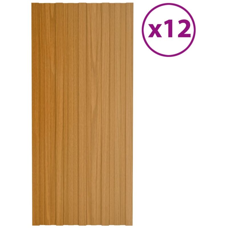 Lot de 12 Panneaux de toiture Plaque Panneau et lame de bardage Acier galvanisé Bois clair 100x45 cm 36270