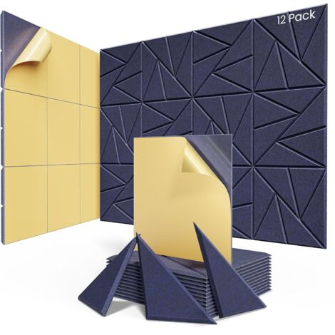 Lot de 12 Panneaux Muraux Insonorisants Autocollants – Panneaux en Fibre de Polyester 30 x 30 x 0,9 cm, Bleu Foncé