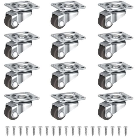 Lot de 12 petites roulettes pivotantes 360°, silencieuses, de 12 mm, avec vis, pour meubles, table, cabinet, chariot, marron