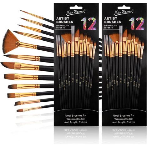 Lot de 12 pinceaux de Peinture Acrylique - 2 Ensembles Aquarelle en Nylon - Pinceaux Fins pour Enfants débutants - Corps en Bois pour peintures acryliques, aquarelles, huiles, Peinture sur