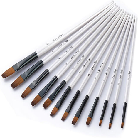 Lot de 12 pinceaux plats pour peinture à l’huile, pinceaux en nylon, manche blanc perlé