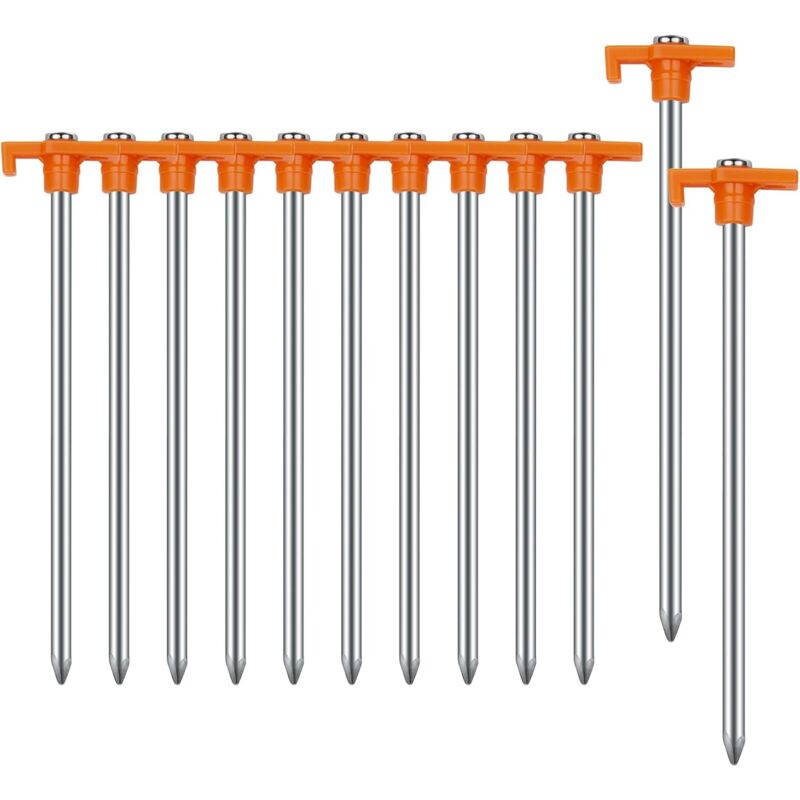 Lot de 12 Piquets de Tente avec Sac de Rangement - Piquets de Sol Robustes en Métal Antirouille de 25 cm pour Camping, Jardin, Randonnée Orange