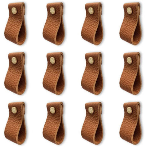 Lot de 12 poignée meuble en cuir, poignée de porte avec écrous vis, anti-collision bouton de porte de armoire tiroir commode (Litchi Rayé Marron)