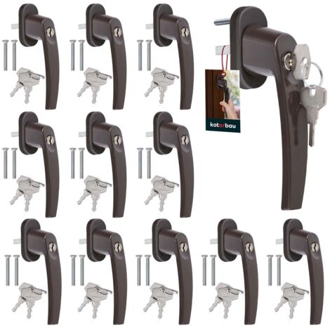 Lot de 12 poignées de fenêtre avec clé. Aluminium brun. Revêtement en poudre. Verrouillage en position fermée. Axe de 35 mm.