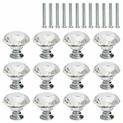 Lot de 12 poignées de meuble cristal, forme losange, base argentée