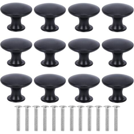 Lot de 12 poignées de porte rondes noires modernes pour meubles et tiroirs, 30 mm, avec vis.