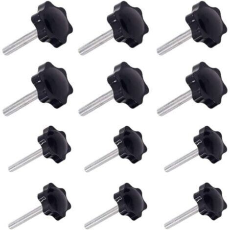 Lot de 12 poignées de serrage M6 et M8 – Filetage mâle 32mm et 38mm – Plastique et métal noir – Pour équipements mécaniques