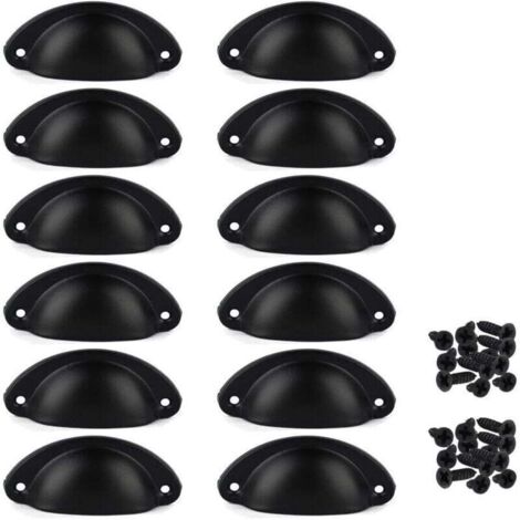 Lot de 12 Poignées de Tiroir Vintage, Poignées de Meubles Traditionnelles en Demi Lune, Poignées de Coquille pour Placard, Armoire, Commode, Noir, Vis incluses