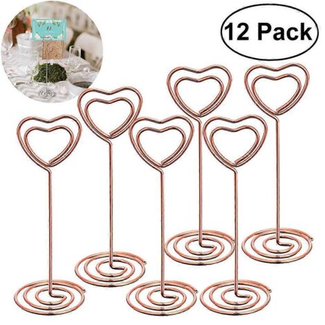 Lot de 12 porte-photos en forme de cœur couleur or rose, supports pour numéros de table et porte-menus en papier pour mariages.