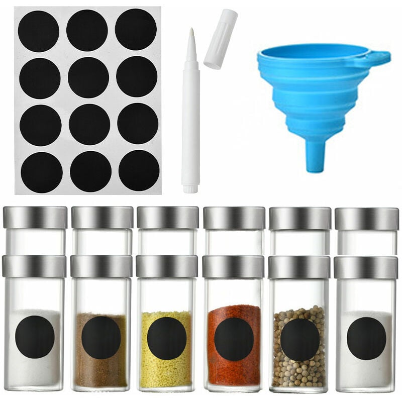 Jusch - Lot de 12 pots à épices en verre avec étiquettes, entonnoir, brosse de nettoyage, marqueur, 4,5 x 9,5 cm, multicolore
