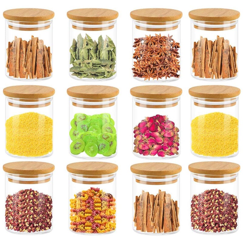 Mowze - Lot de 12 pots à épices pots de conservation Pots à épices en verre 120 ml avec couvercle en bois de haute qualité en bambou pour conserver
