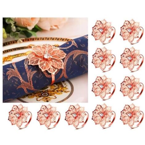 Lot de 12 ronds de serviette en métal en forme fleur creuse avec strass pour mariage, banquet, Noël et décoration de table Doré ro