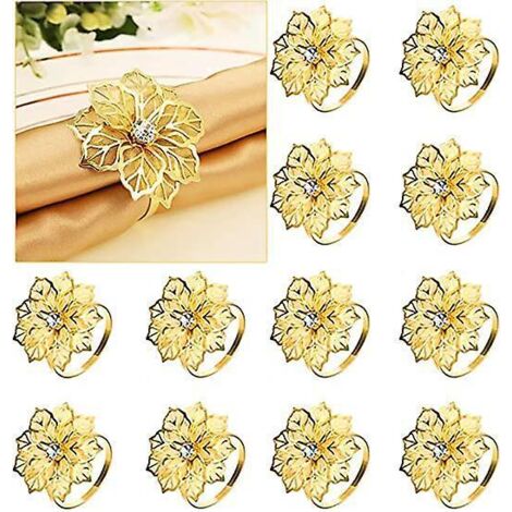 lot De 12 Ronds De Serviette En Mtal En Forme De Fleur Creuse Avec Strass Pour Mariage, Banquet, Nol Et Dcoration De Table Dor