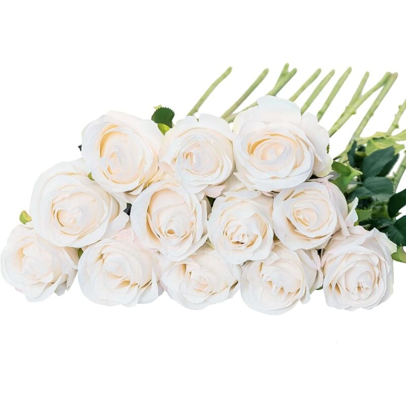 Lot de 12 Roses artificielles en Soie (Blanc) pour décoration d'intérieur, de fête de Mariage