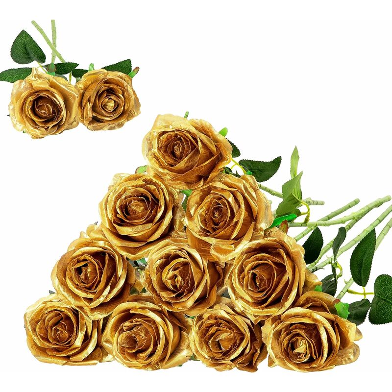 Lot de 12 Roses artificielles en Soie (doré) pour décoration d'intérieur, de fête de Mariage