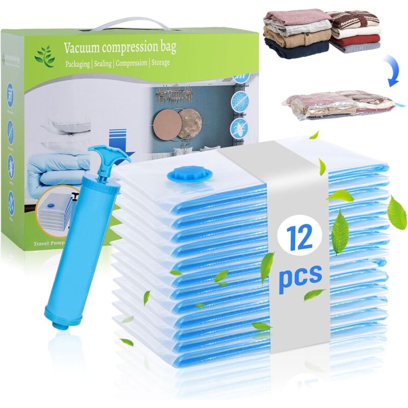 Lot de 12 Sac Sous Vide Vetement Aspirateur 60x40cm, Housse de Rangement Sous Vide Réutilisable Sac Compression Voyage avec Pompe Manuelle
