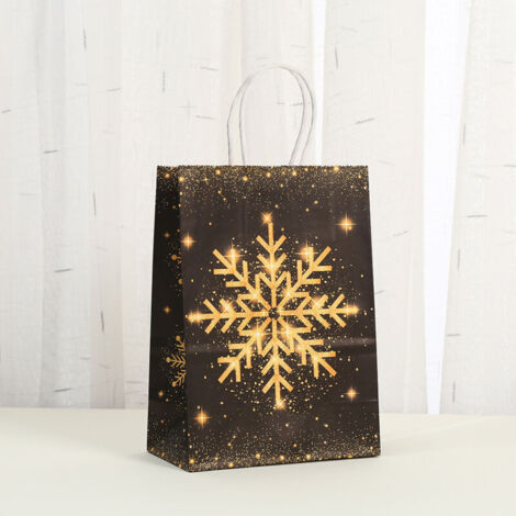 Lot de 12 sacs cadeaux de Noël réutilisables noirs et dorés avec poignées pour emballage cadeau de Noël, 21 x 15 x 7 cm (flocons de neige)
