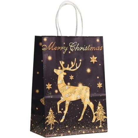 Lot de 12 sacs cadeaux de Noël réutilisables noirs et dorés avec poignées pour emballage cadeau de Noël, 21 x 15 x 7 cm (renne)