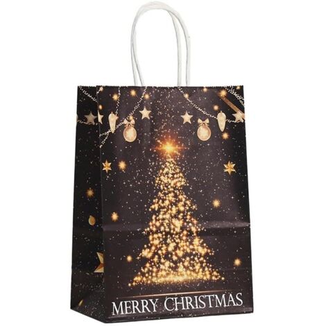 Lot de 12 sacs cadeaux de Noël réutilisables noirs et dorés avec poignées pour emballage cadeau de Noël, 21 x 15 x 7 cm (sapin de Noël)