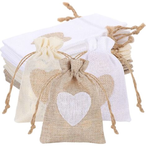 Lot de 12 sacs cadeaux en toile de jute, 10 x 14 cm, à cordon, 3 couleurs, réutilisables, en coton.
