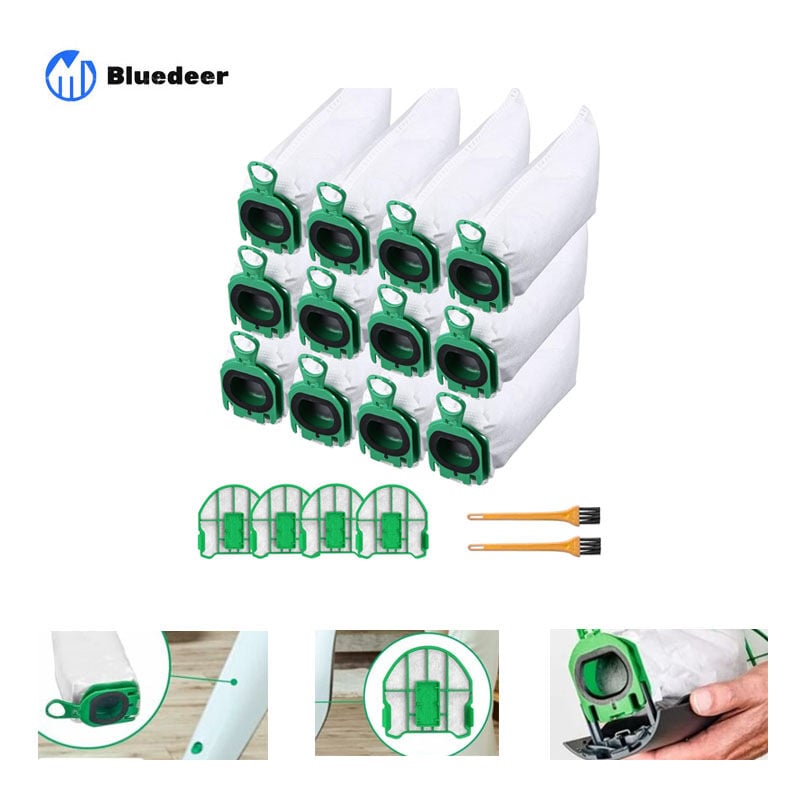 Lot de 12 sacs d'aspirateur en microfibre non-tissée de qualité pour Vorwerk Kobold VB100 avec 4 Filtre moteur Bluedeer