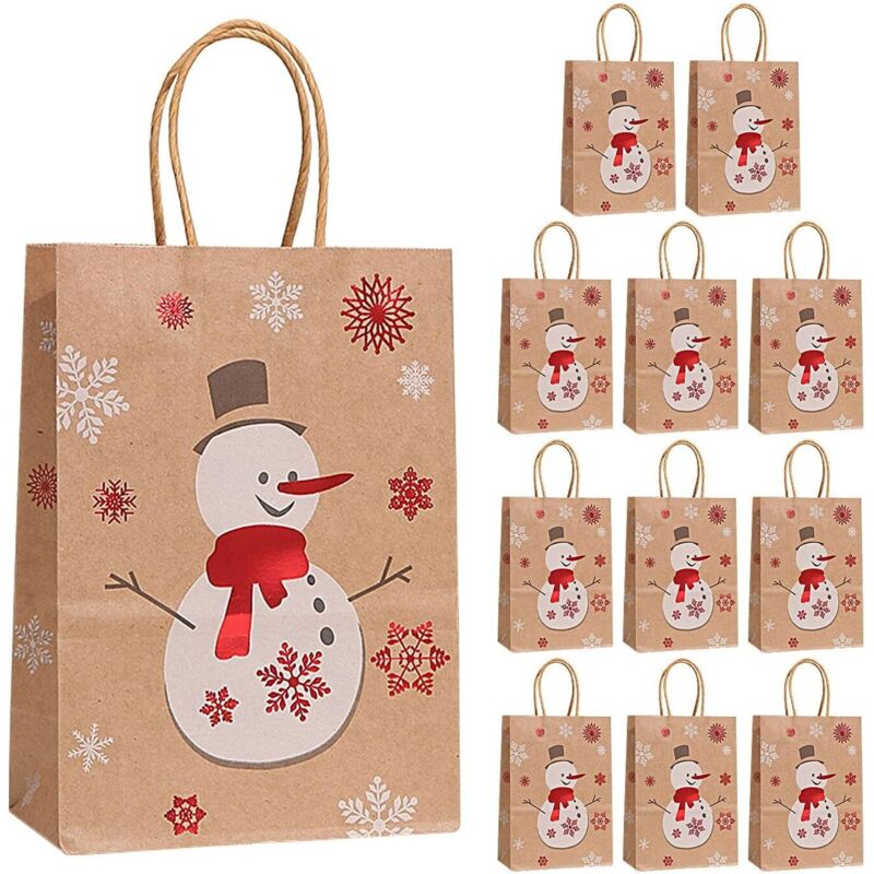 Lot de 12 sacs de Noël en papier brun Sacs cadeaux, sacs à bonbons, sacs de transport – Décoration de Noël idéale avec poignées – Bonhomme de neige